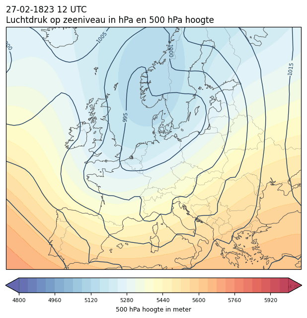 Weerkaart van 27 februari 1823 om 12 UTC