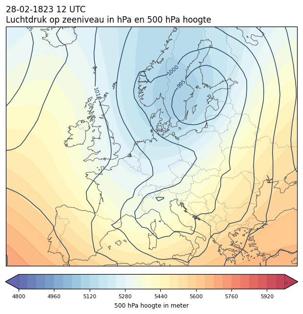 Weerkaart van 28 februari 1823 om 12 UTC