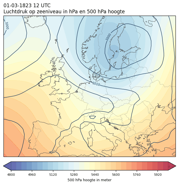 Weerkaart van 1 maart 1823 om 12 UTC