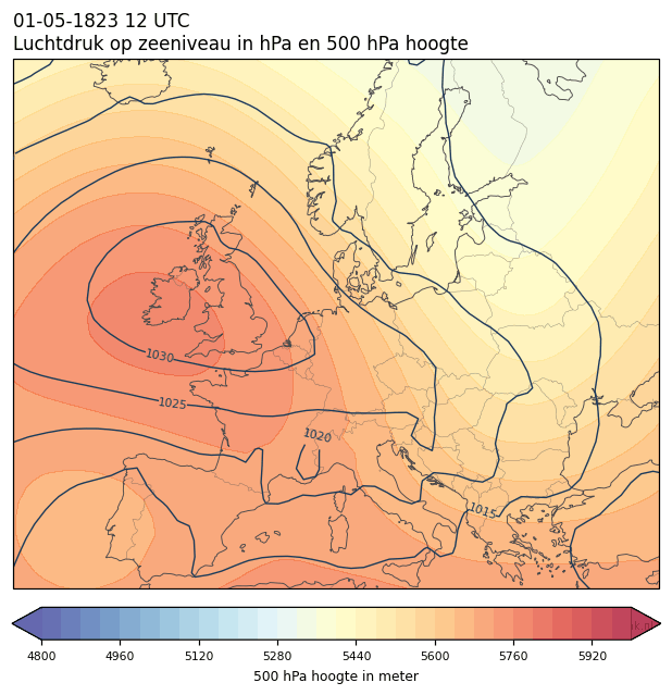 Weerkaart van 1 mei 1823 om 12 UTC