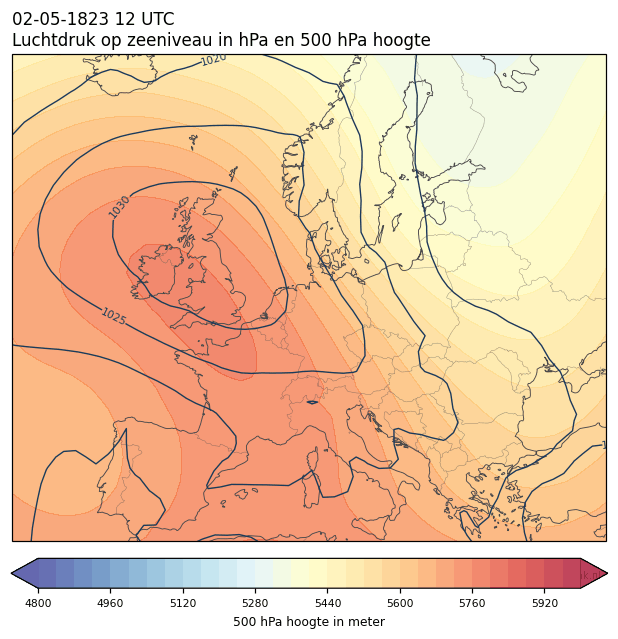 Weerkaart van 2 mei 1823 om 12 UTC