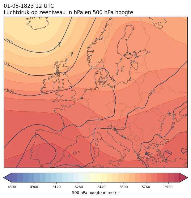 Weerkaart van 1 augustus 1823 om 12 UTC