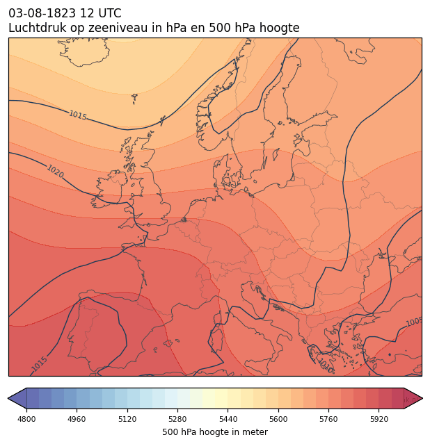 Weerkaart van 3 augustus 1823 om 12 UTC