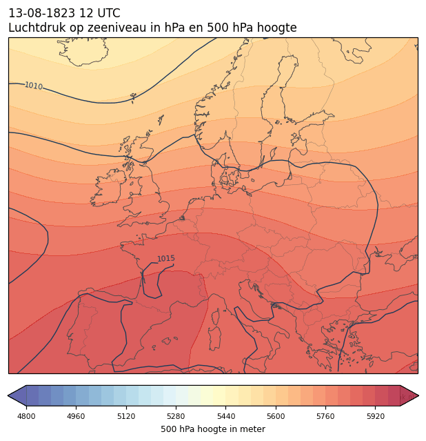Weerkaart van 13 augustus 1823 om 12 UTC