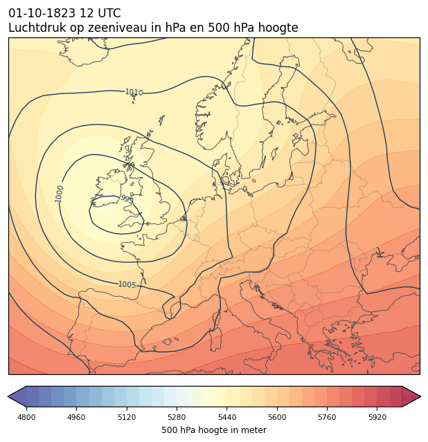 Weerkaart van 1 oktober 1823 om 12 UTC