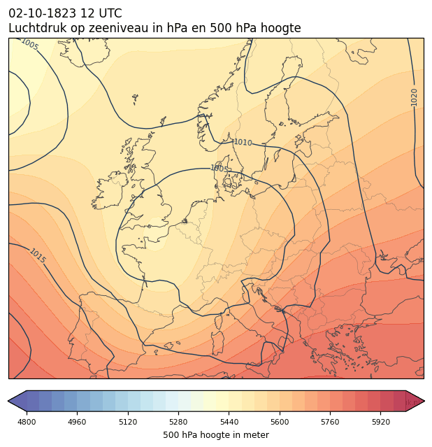 Weerkaart van 2 oktober 1823 om 12 UTC