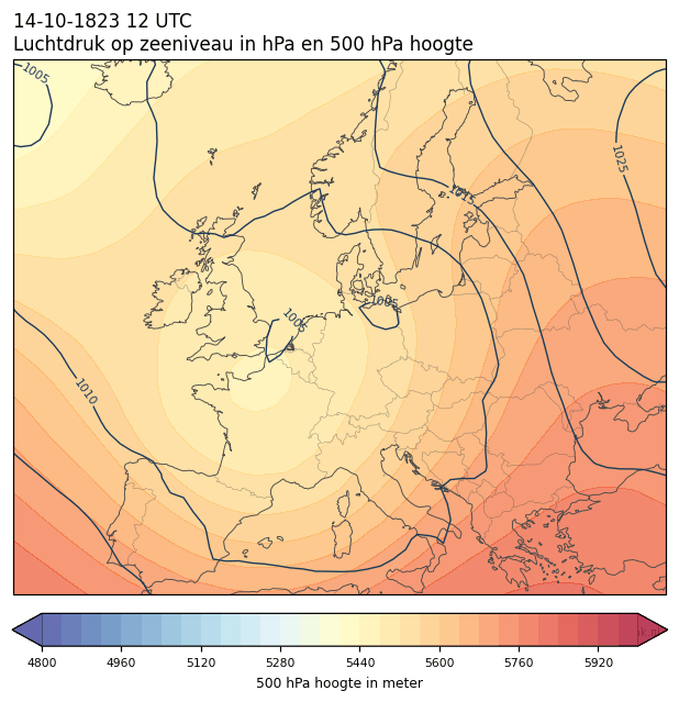 Weerkaart van 14 oktober 1823 om 12 UTC