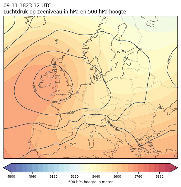 Weerkaart van 9 november 1823 om 12 UTC