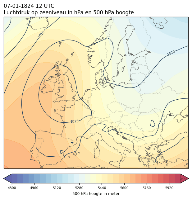 Weerkaart van 7 januari 1824 om 12 UTC