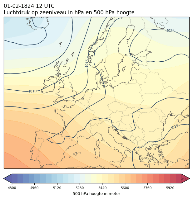 Weerkaart van 1 februari 1824 om 12 UTC