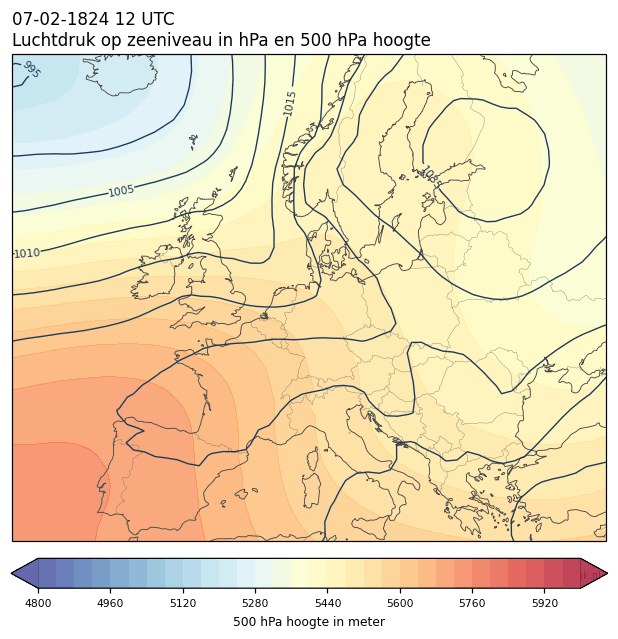 Weerkaart van 7 februari 1824 om 12 UTC
