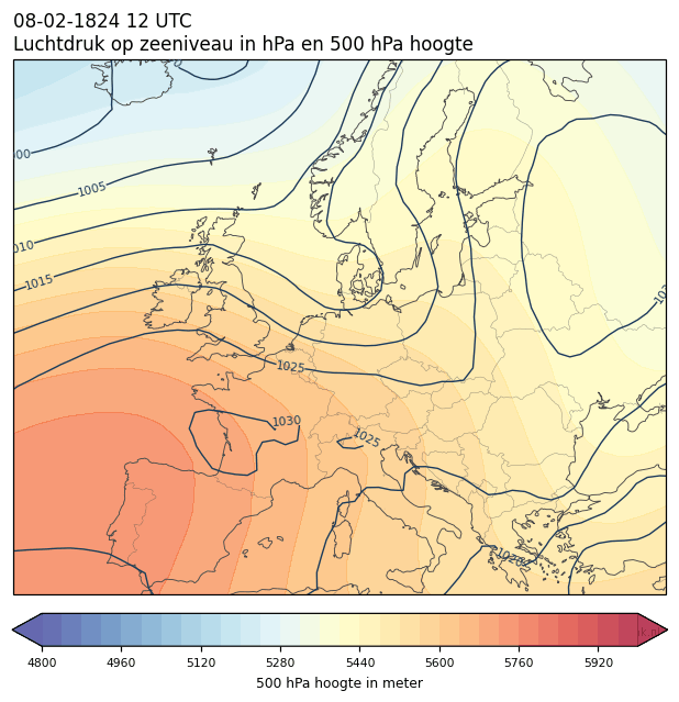 Weerkaart van 8 februari 1824 om 12 UTC