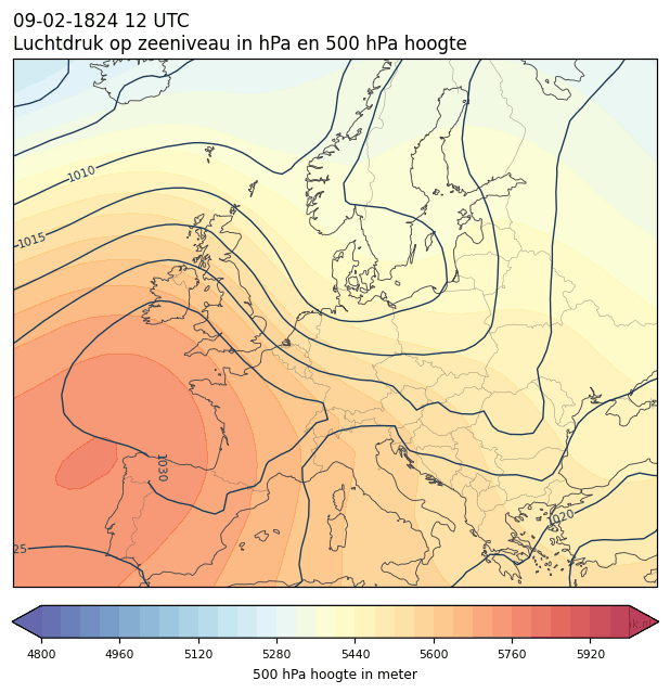 Weerkaart van 9 februari 1824 om 12 UTC