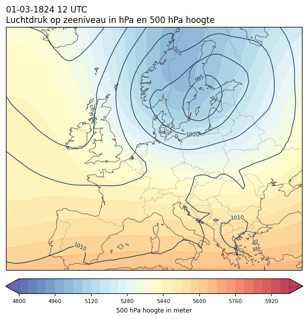 Weerkaart van 1 maart 1824 om 12 UTC