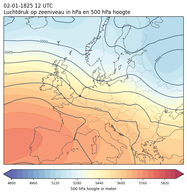 Weerkaart van 2 januari 1825 om 12 UTC