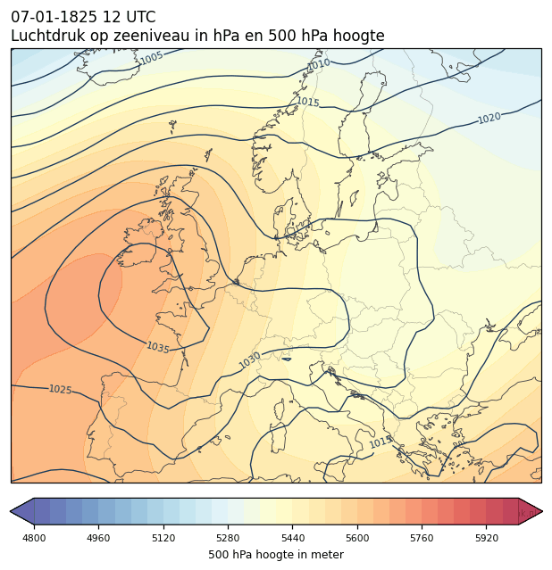 Weerkaart van 7 januari 1825 om 12 UTC