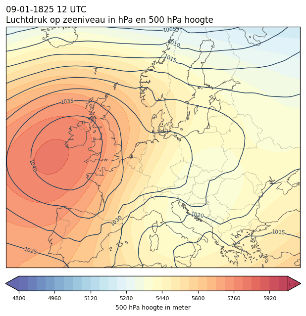 Weerkaart van 9 januari 1825 om 12 UTC