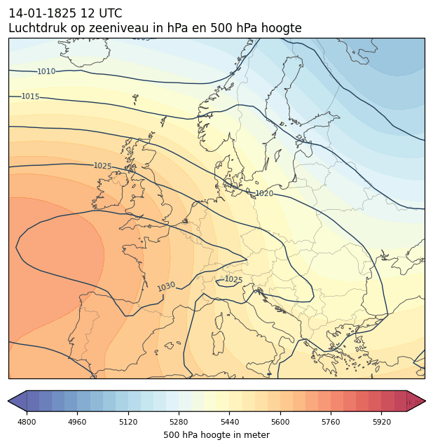 Weerkaart van 14 januari 1825 om 12 UTC