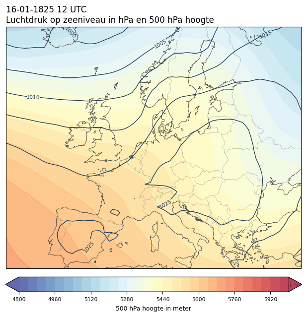 Weerkaart van 16 januari 1825 om 12 UTC