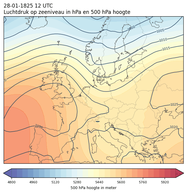 Weerkaart van 28 januari 1825 om 12 UTC