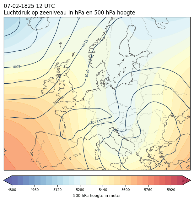 Weerkaart van 7 februari 1825 om 12 UTC