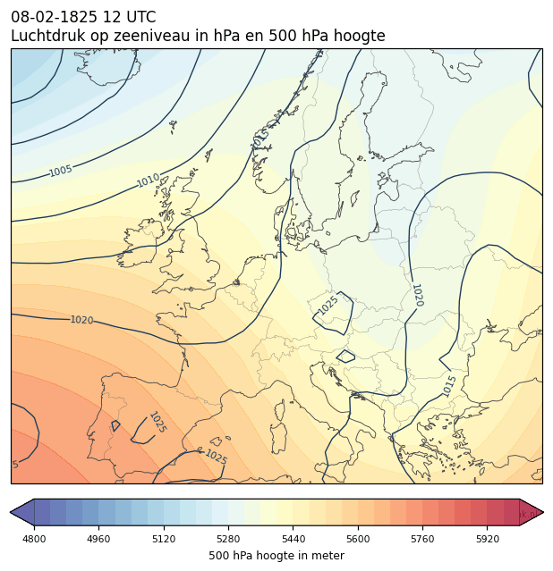 Weerkaart van 8 februari 1825 om 12 UTC