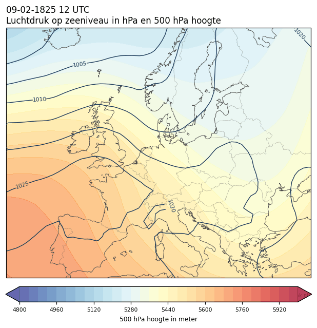 Weerkaart van 9 februari 1825 om 12 UTC