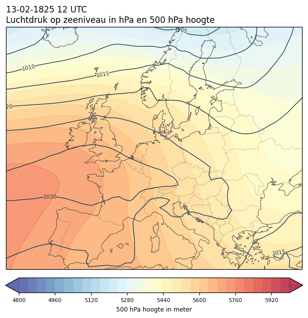 Weerkaart van 13 februari 1825 om 12 UTC