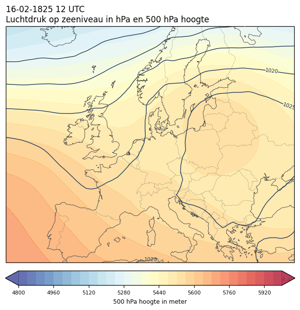 Weerkaart van 16 februari 1825 om 12 UTC