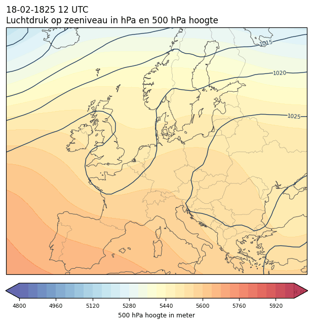 Weerkaart van 18 februari 1825 om 12 UTC
