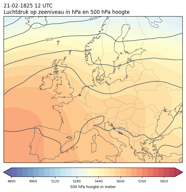 Weerkaart van 21 februari 1825 om 12 UTC