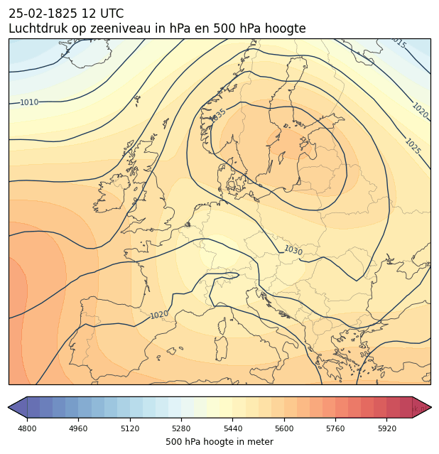 Weerkaart van 25 februari 1825 om 12 UTC