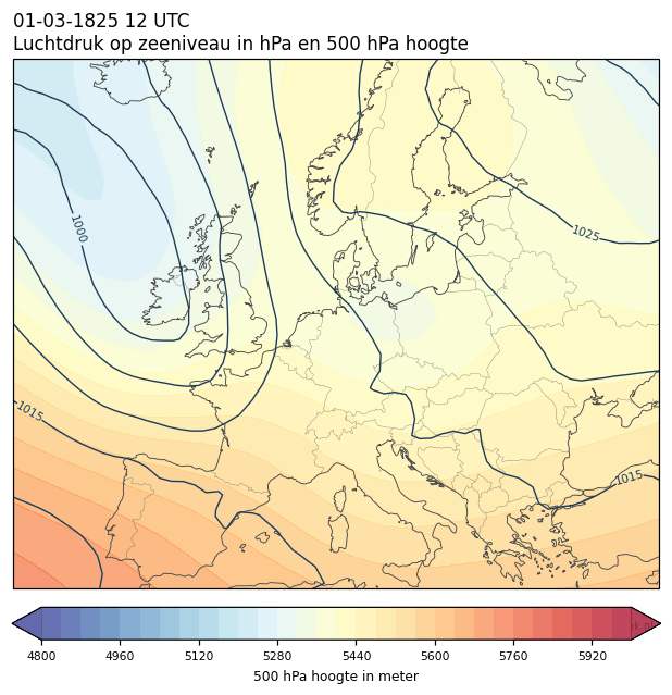 Weerkaart van 1 maart 1825 om 12 UTC