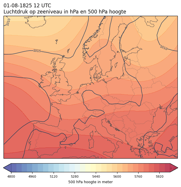Weerkaart van 1 augustus 1825 om 12 UTC
