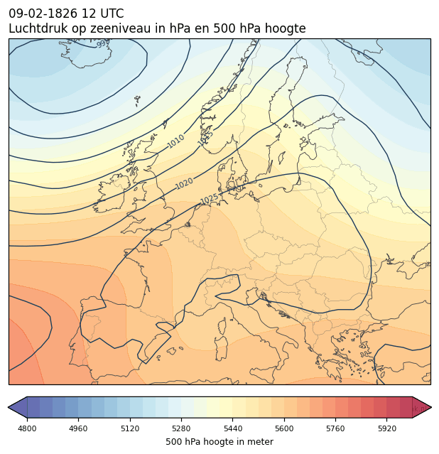 Weerkaart van 9 februari 1826 om 12 UTC