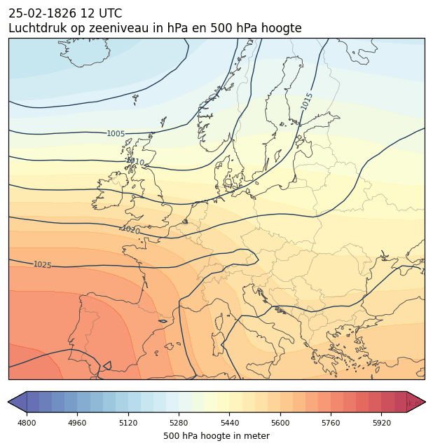Weerkaart van 25 februari 1826 om 12 UTC