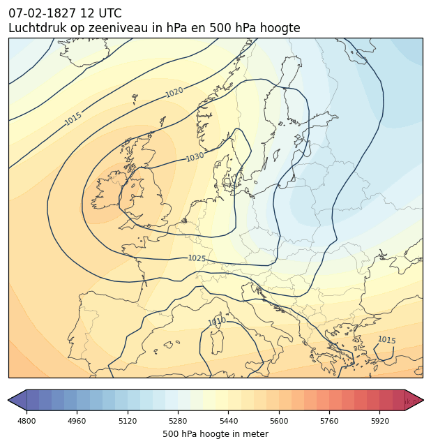 Weerkaart van 7 februari 1827 om 12 UTC