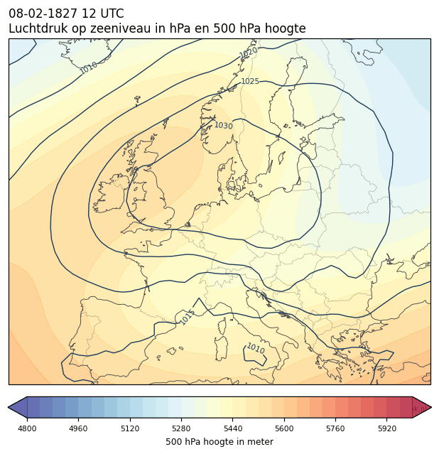 Weerkaart van 8 februari 1827 om 12 UTC