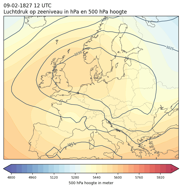Weerkaart van 9 februari 1827 om 12 UTC