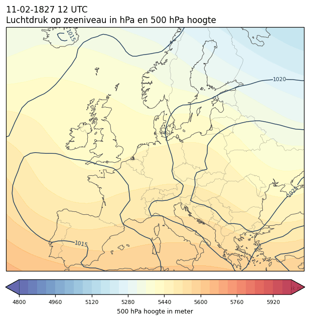 Weerkaart van 11 februari 1827 om 12 UTC