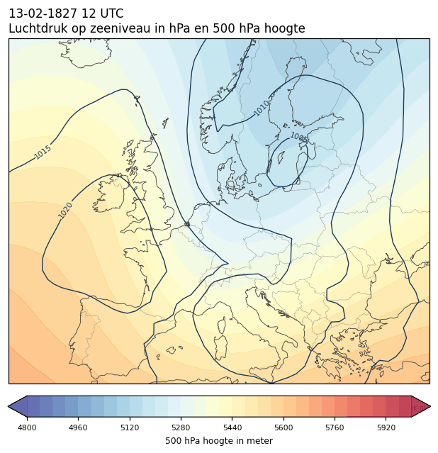 Weerkaart van 13 februari 1827 om 12 UTC