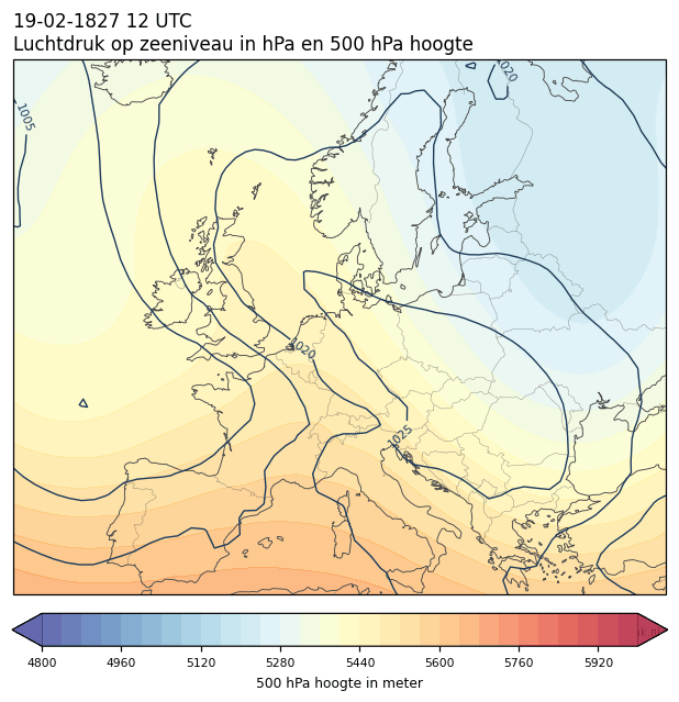 Weerkaart van 19 februari 1827 om 12 UTC