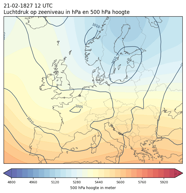 Weerkaart van 21 februari 1827 om 12 UTC