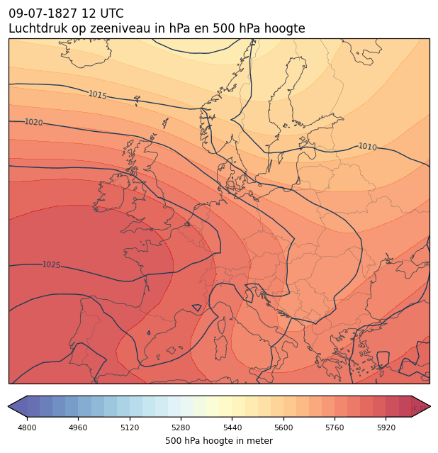 Weerkaart van 9 juli 1827 om 12 UTC