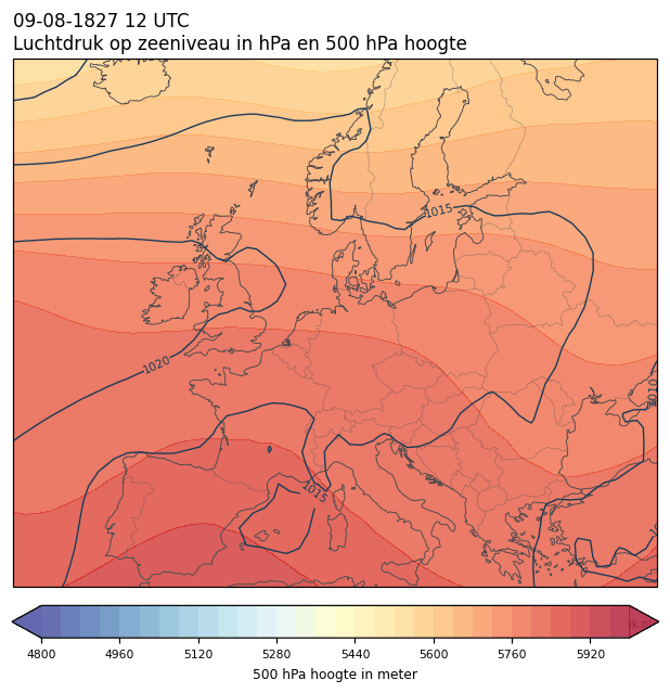Weerkaart van 9 augustus 1827 om 12 UTC
