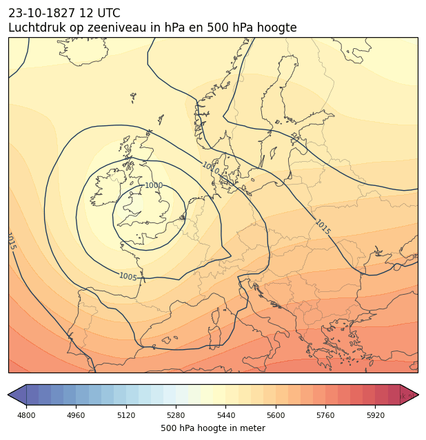 Weerkaart van 23 oktober 1827 om 12 UTC