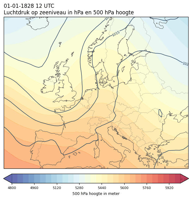 Weerkaart van 1 januari 1828 om 12 UTC