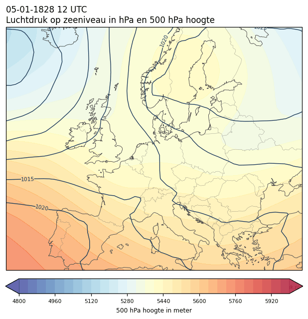 Weerkaart van 5 januari 1828 om 12 UTC