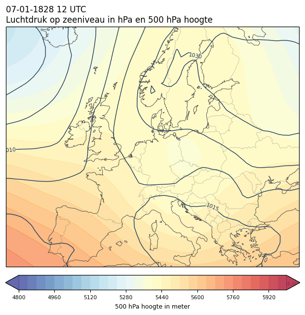 Weerkaart van 7 januari 1828 om 12 UTC