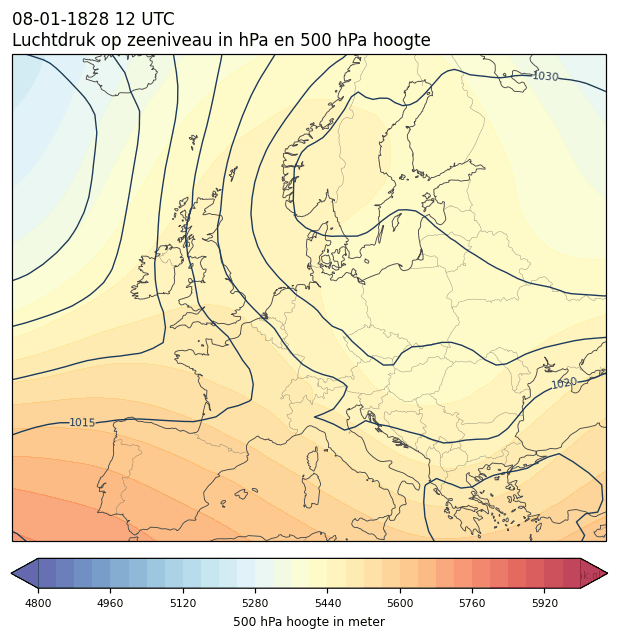 Weerkaart van 8 januari 1828 om 12 UTC